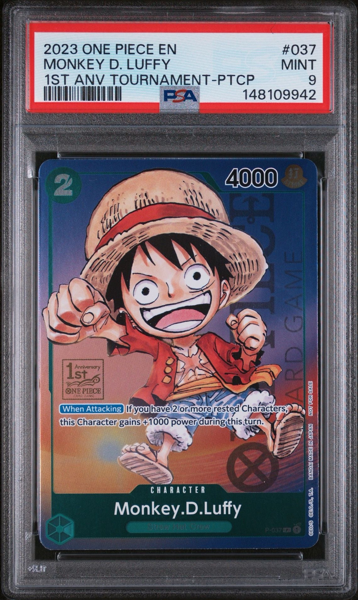 2023 ONE PIECE PROMOS | 1ST ANNIVERSARY TOURNAMENT-PARTICIPATIONMONKEY D. LUFFY 037 - PSA 9