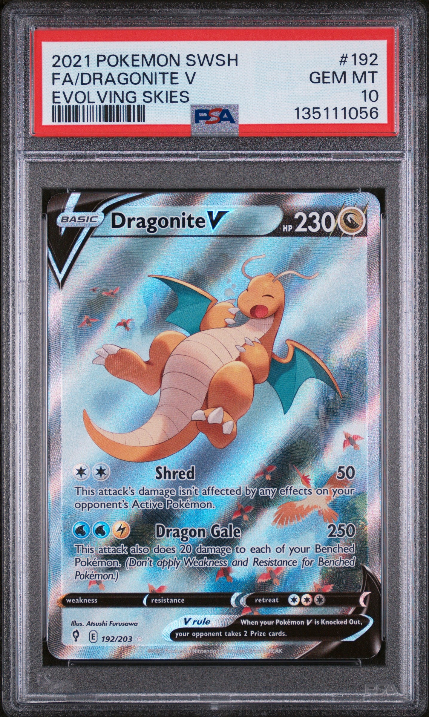 2021 POKEMON SWORD & SHIELD EVOLVING SKIES #192 FULL ART/DRAGONITE V - PSA 10