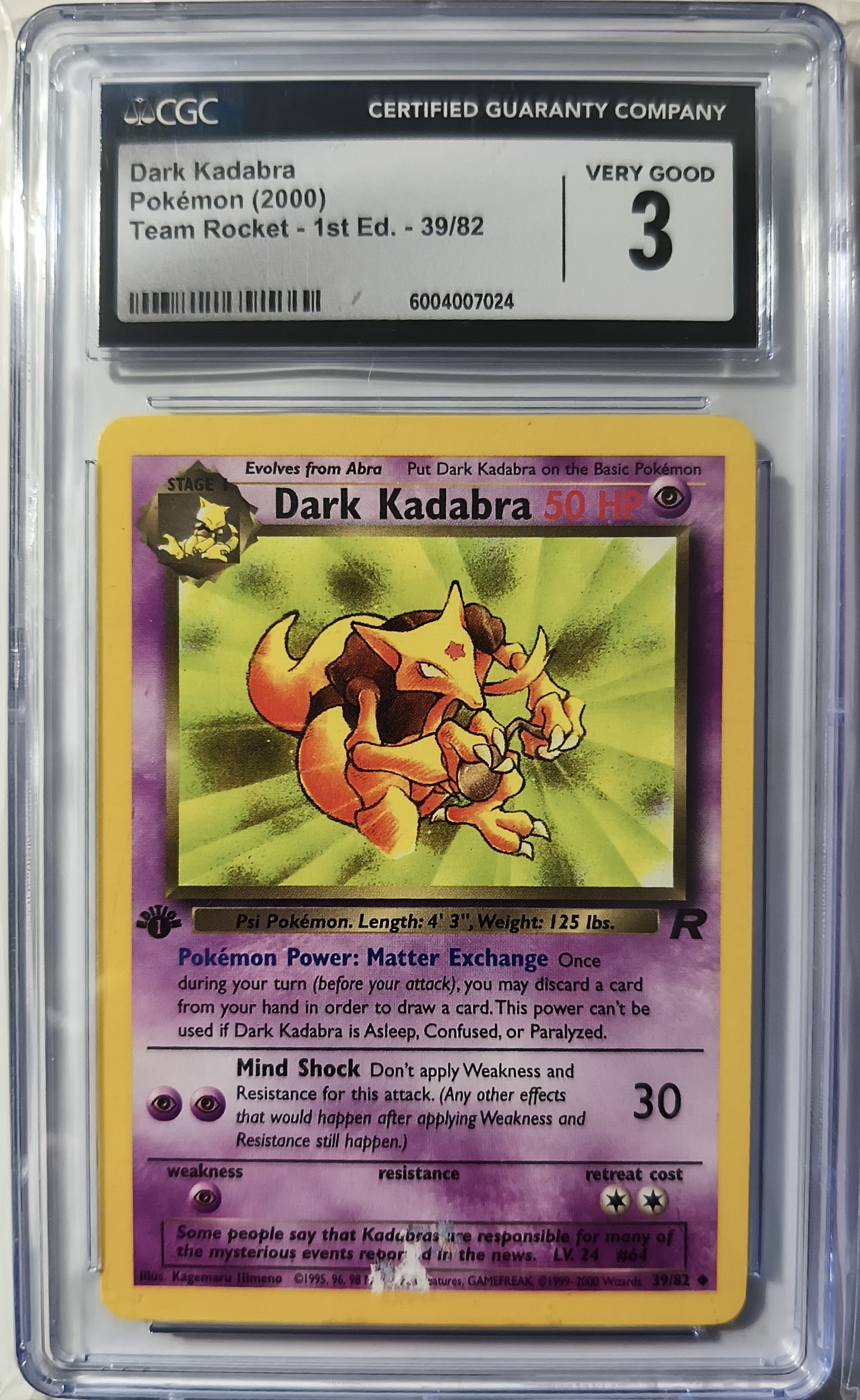 Dark Kadabra 1st Edition - Team Rocket Pokémon Card (2000) CGC 3 - Vintage Holo 39/82