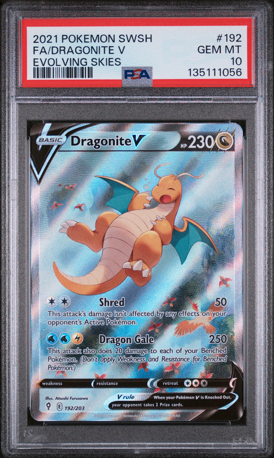 2021 POKEMON SWORD & SHIELD EVOLVING SKIES #192 FULL ART/DRAGONITE V - PSA 10